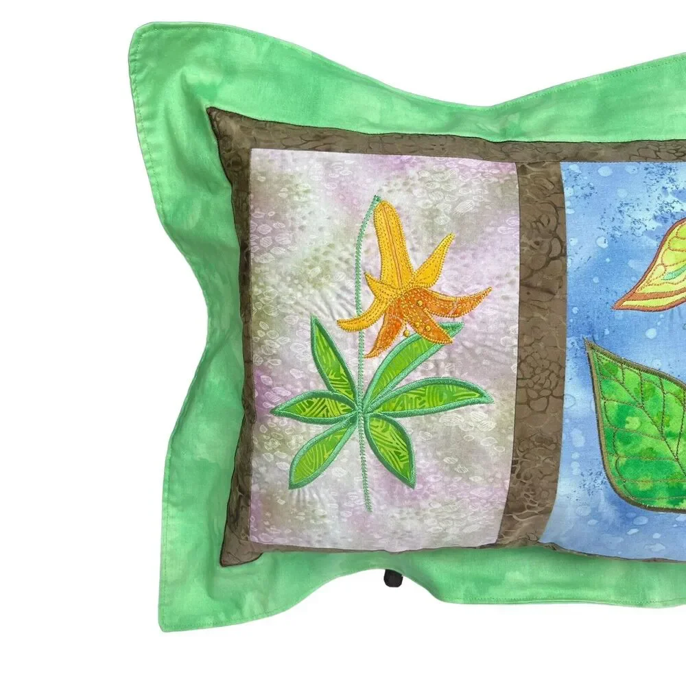 Vtg Quilted Batik Floral Throw Pillow 20” Appliqué Lily Cottagecore Botanical